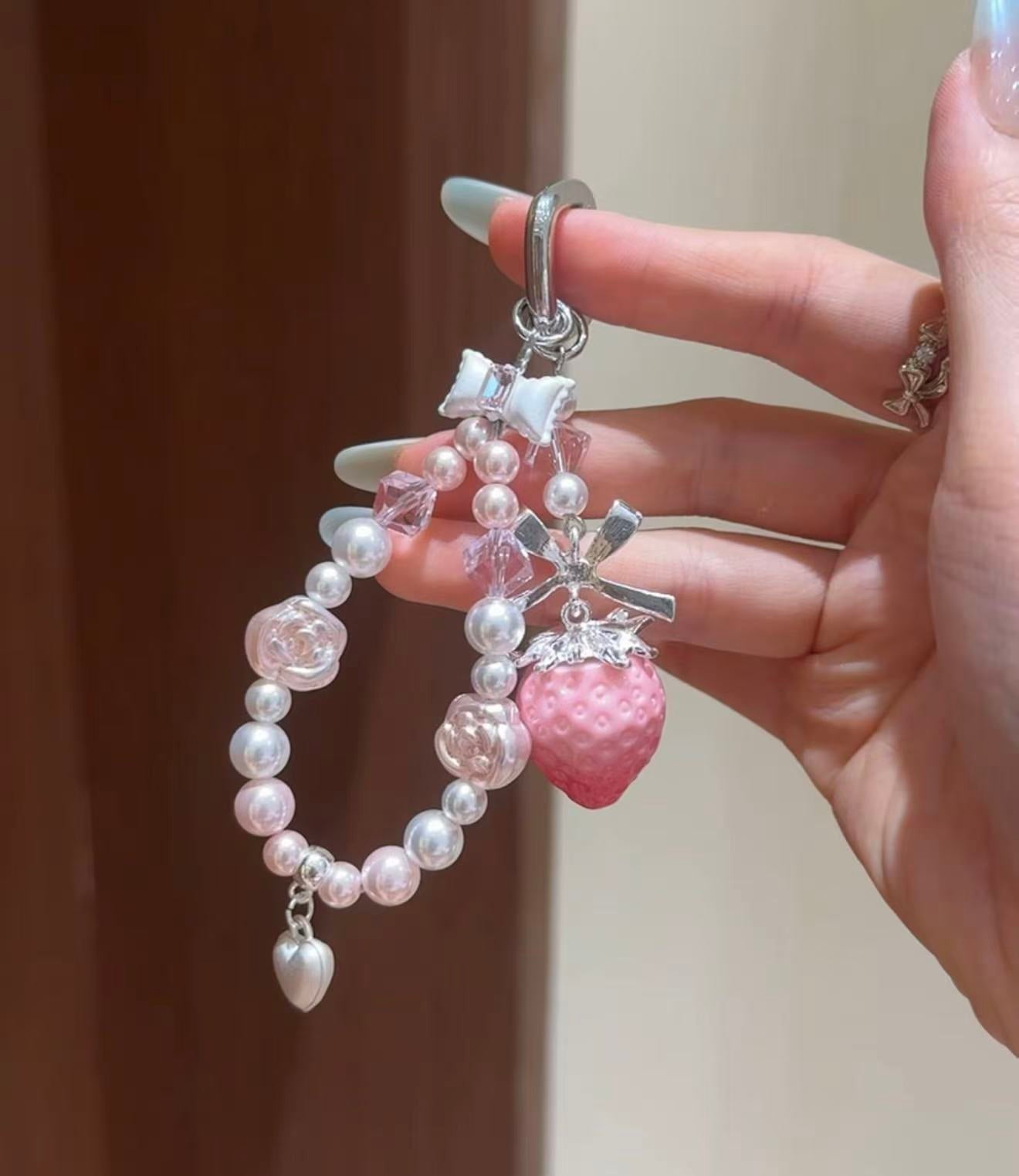 Sweet Pink Strawberry Pendant Keyring
