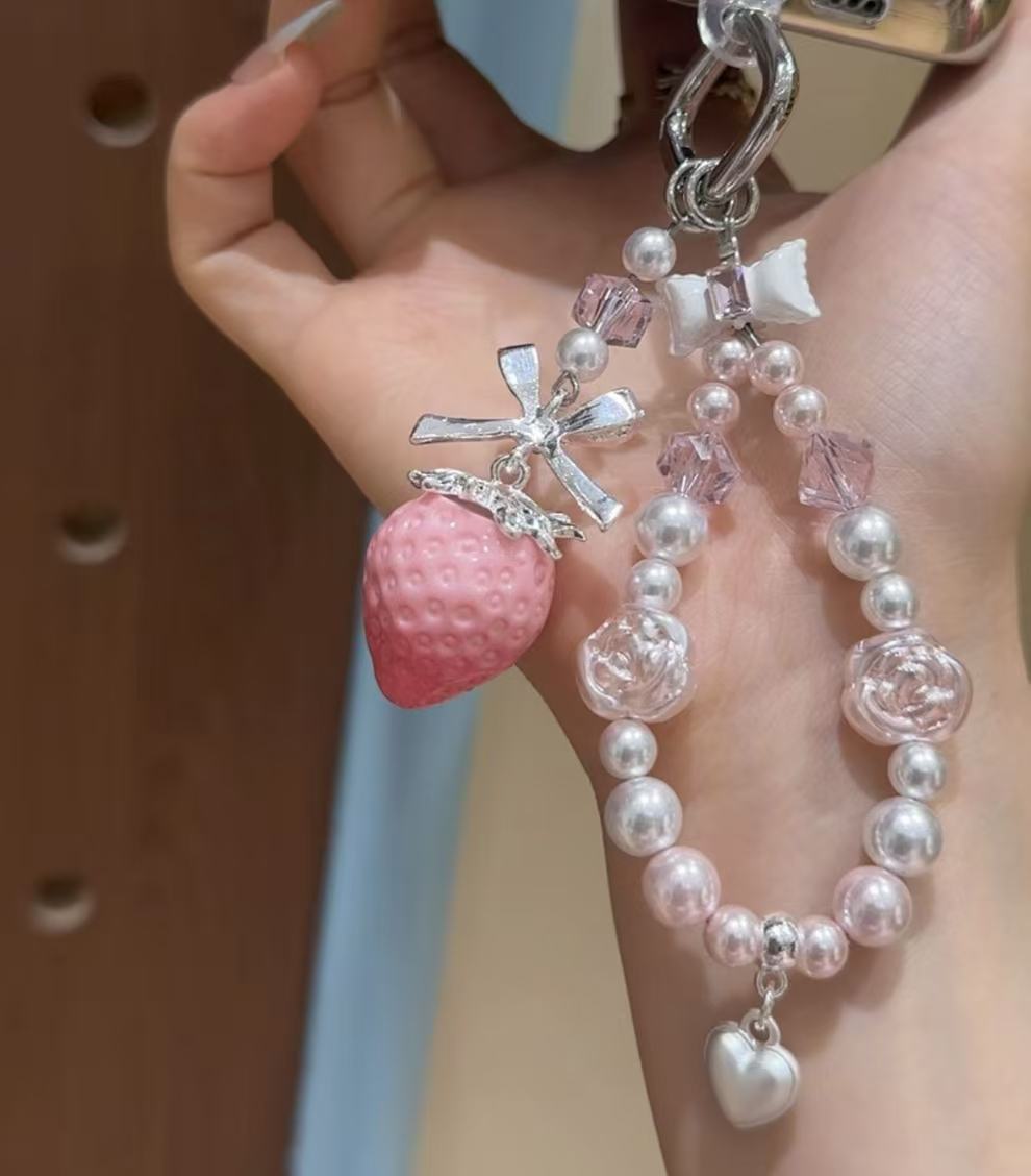 Sweet Pink Strawberry Pendant Keyring